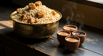Warm cups of tea served with a sweet, puffed grain snack on a rustic wooden table