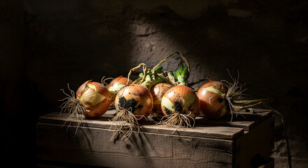 Rustic harvest of fresh onions with roots and greens on a wooden surface