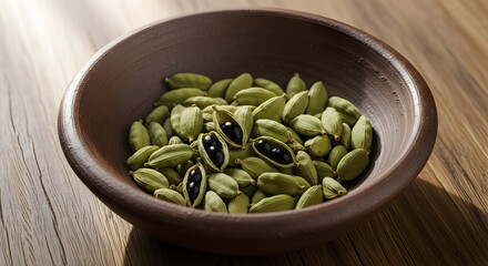 A rustic bowl overflows with aromatic green cardamom pods, showcasing their rich texture and seeds.
