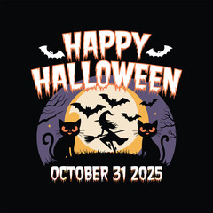 Happy Halloween Design with Witch, Black Cats, Bats, and Full Moon – October 31 2025 Illustration