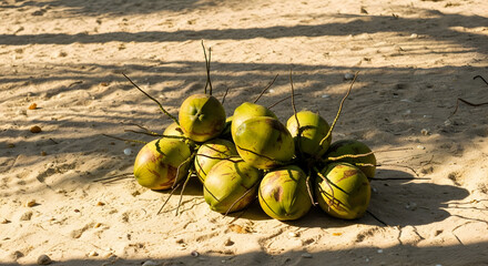 Fresh green coconuts resting on sandy ground in bright sunlight