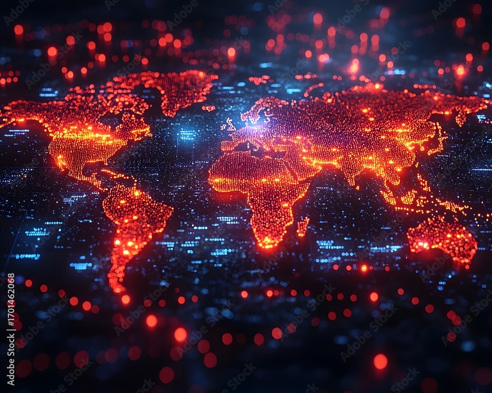 Poster a glowing digital world map illustrates global network connections and data flow in a futuristic cyb