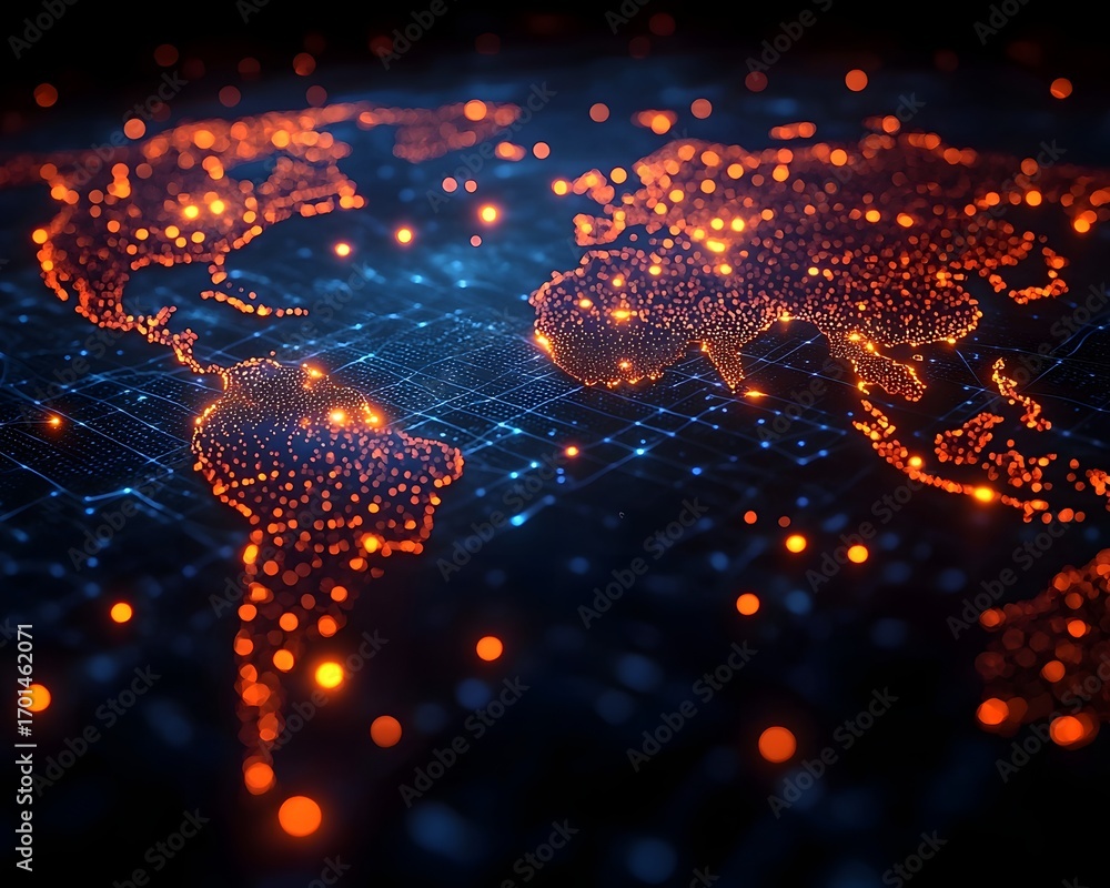 Poster glowing digital world map represented by interconnected lights and lines symbolizing global networks
