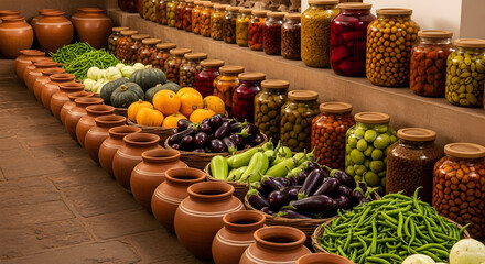 Abundant harvest of fresh vegetables and preserved foods displayed in traditional clay pots and jars.
