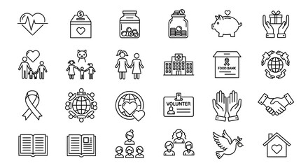 A set of outline icons symbolizing charity and donation, featuring hearts, money, families, hospitals, volunteers, and helping hands, all, ideal for nonprofit and humanitarian themes