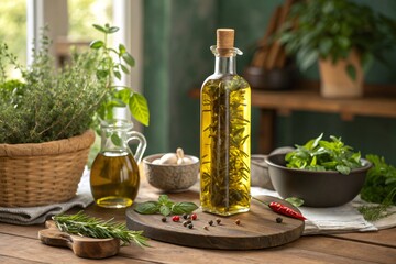 Bottle of infused olive oil with herbs and spices.