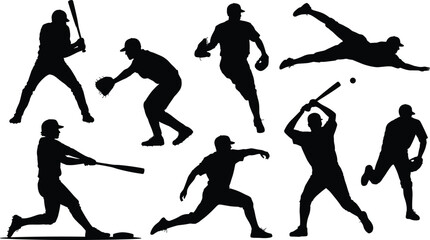 Baseball player silhouette, sport vector illustration, batting action, pitcher graphic, fielding design, team game symbol, athletic competition art, outdoor activity icon