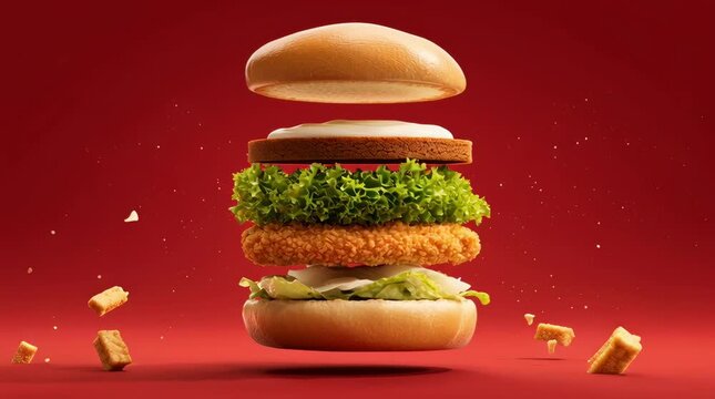 xploded view of a burger in mid-assembly, ingredients floating in order from bottom to top: first the toasted bottom bun, above it a crispy fried chicken patty, then a layer of fresh green lettuce, 