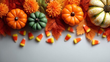 Autumn Harvest Pumpkins Candy Corn Flowers Fall Leaves Festive Background