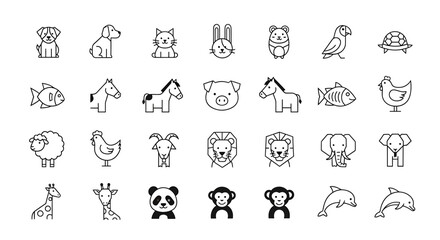 Illustration set of various animal icons including dog, cat, rabbit, hamster, bird, turtle, fish, horse, pig, sheep, goat, lion, elephant, giraffe, panda, monkey, and dolphin