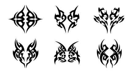 Collection of six tribal tattoo designs these designs feature bold, symmetrical patterns, perfect for body art or graphic elements, showcasing a variety of abstract shapes