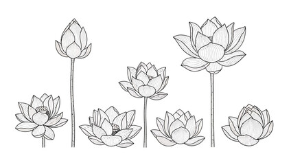 Elegant lotus flower sketches, showcasing the beauty and serenity of nature through delicate line work, ideal for botanical illustrations and peaceful designs