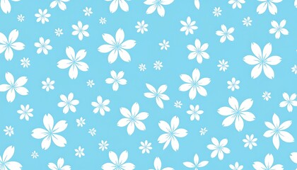 A delightful pattern of white cherry blossoms, beautifully arranged on a light, sky-blue background.