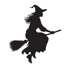 Black silhouette of a witch flying on a broomstick