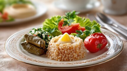 A beautifully arranged plate featuring bulgur, stuffed grape leaves, fresh tomatoes, and lettuce, garnished with a lemon wedge.