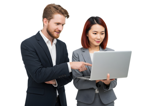 Business professionals collaborating on a laptop, discussing work with a focused expression - Powered by Adobe