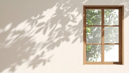 Faint Botanical Leaf Shadows on Plaster Wall with Wooden Window