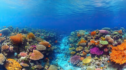 Obraz premium Vibrant coral reef ecosystem teeming with marine life under crystal clear waters