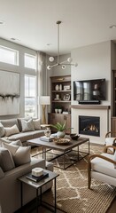 Fototapeta premium Modern Living Room with Fireplace and Large Windows.