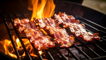 Bacon sizzling over open flames on a grill