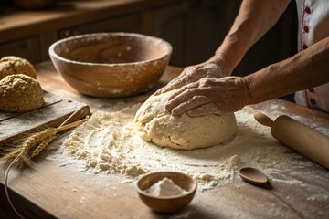 Fototapeta premium Baker kneading dough on a wooden table, surrounded by flour and baking tools.