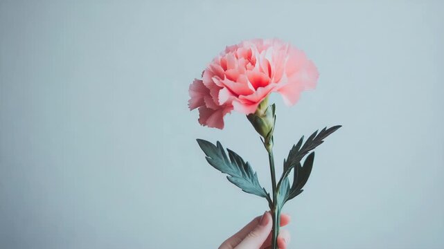 Elegant pink carnation flower held in hand with soft pastel background