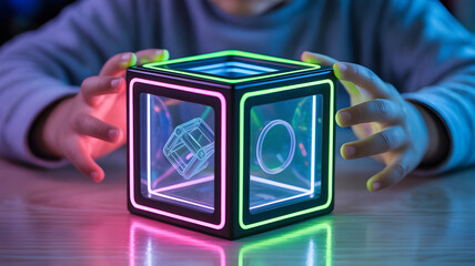 Child's hands curiously interact with a glowing geometric light cube, sparking imagination and wonder.