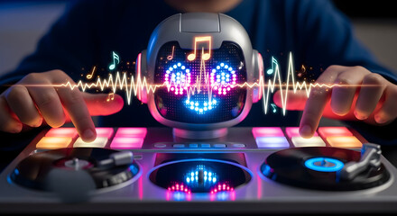 Child's hands playfully mixing music on a colorful DJ console with a cute robot face