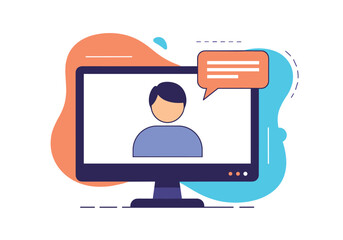 Online communication and digital interaction using a computer monitor showing a person and speech bubble icon representing conversation