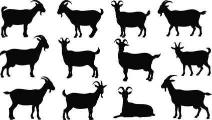 Goat silhouettes vector illustration, farm animal black outline design, livestock graphic artwork, goat posture collection, agriculture symbol, domestic animal drawing