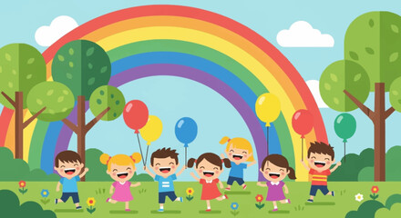 Naklejka premium Vibrant cartoon scene of multicultural children playing happily in a green field with a large rainbow