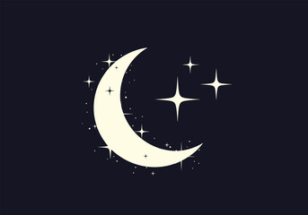 A gentle crescent moon shines brightly amidst a field of sparkling stars in the deep night sky