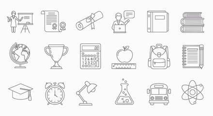 Fototapeta premium School and education icon set featuring teacher, diploma, certificate, book, globe, trophy, calculator, apple, backpack, notebook, graduation cap, alarm clock, lamp, flask, bus, and atom