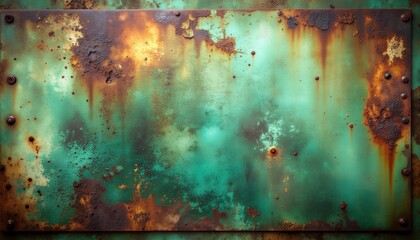 Striking vintage green metal texture with rich rusty patina and weathered rivets