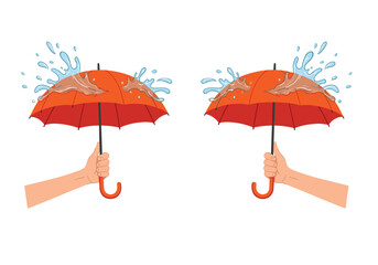 Obraz premium Two hands holding leaky umbrellas with water splashing over the top