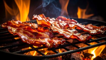 Bacon strips grilling over open flame. Smoke curls upward. Dark background