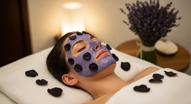 Woman with a unique purple face mask and dark flower petals relaxing on a spa bed for luxury beauty treatment.