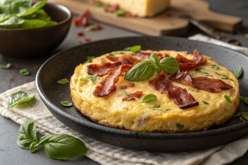A close-up shot of a delicious frittata topped with crispy bacon and fresh basil leaves on a plate.