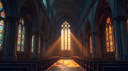 Fototapeta premium Sunlight Streaming Through Stained Glass Windows in Gothic Church Interior