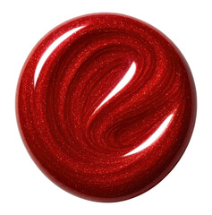 Red Glittery Nail Polish Swatch in a Circle, Swirls, Glossy Texture, Bright and Shiny, Isolated on Transparent and White Background