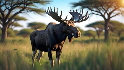 Majestic bull moose standing proudly in a lush green savanna environment with sunlight
