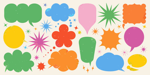 Collection of colorful retro speech bubbles and starburst shapes on a cream background