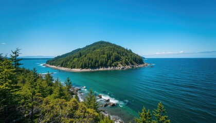 "A rugged island blanketed in evergreen forest, rocky shores meeting deep emerald waters beneath a brilliant blue sky."
