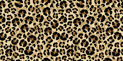 Seamless leopard print pattern with black and tan rosettes on a beige background