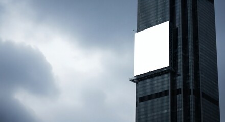 Modern Skyscraper with Large Blank Billboard Against a Cloudy Sky Background
