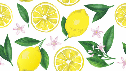 Vibrant watercolor seamless pattern of fresh yellow lemons with green leaves and delicate pink blossoms