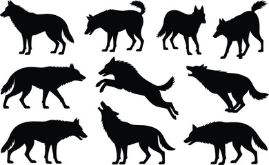 Wolf silhouettes collection, wild animal vector, howling wolf illustration, predator outline artwork, wildlife graphic design, hunting pose, canine shadow drawing