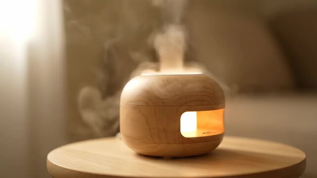 Serene Wooden Essential Oil Diffuser with Soft Ambient Light in Cozy Home Setting