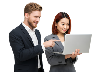 Business partners collaborating on a laptop, pointing and discussing project details