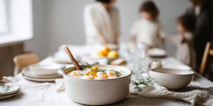 Elegant Table Setting with Creamy Soup in Focus – Festive Atmosphere. AI generative. - Powered by Adobe